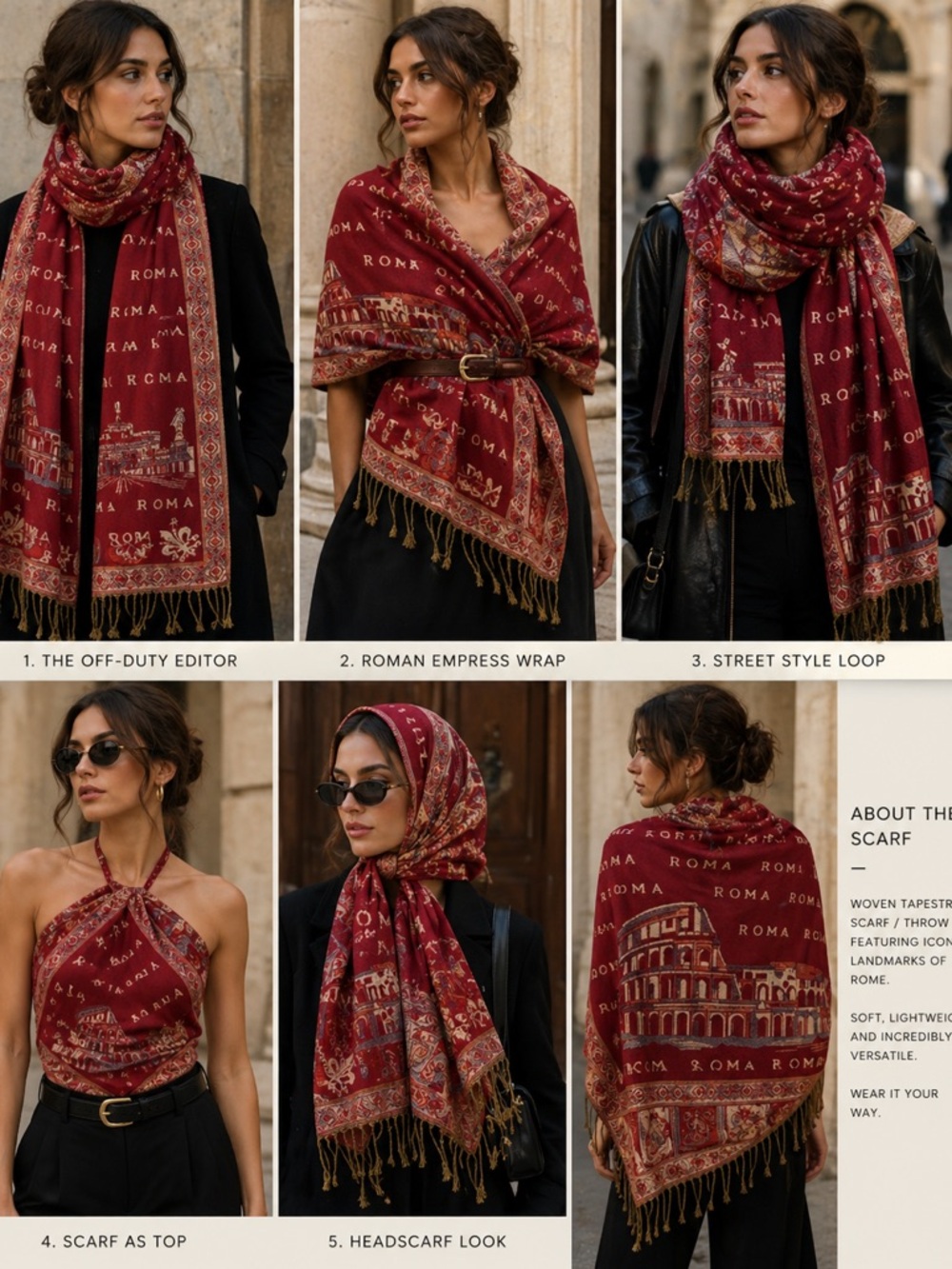 Roma Red Tapestry Scarf with Gold Trim - Women's Wrap Layer Shrug Poncho